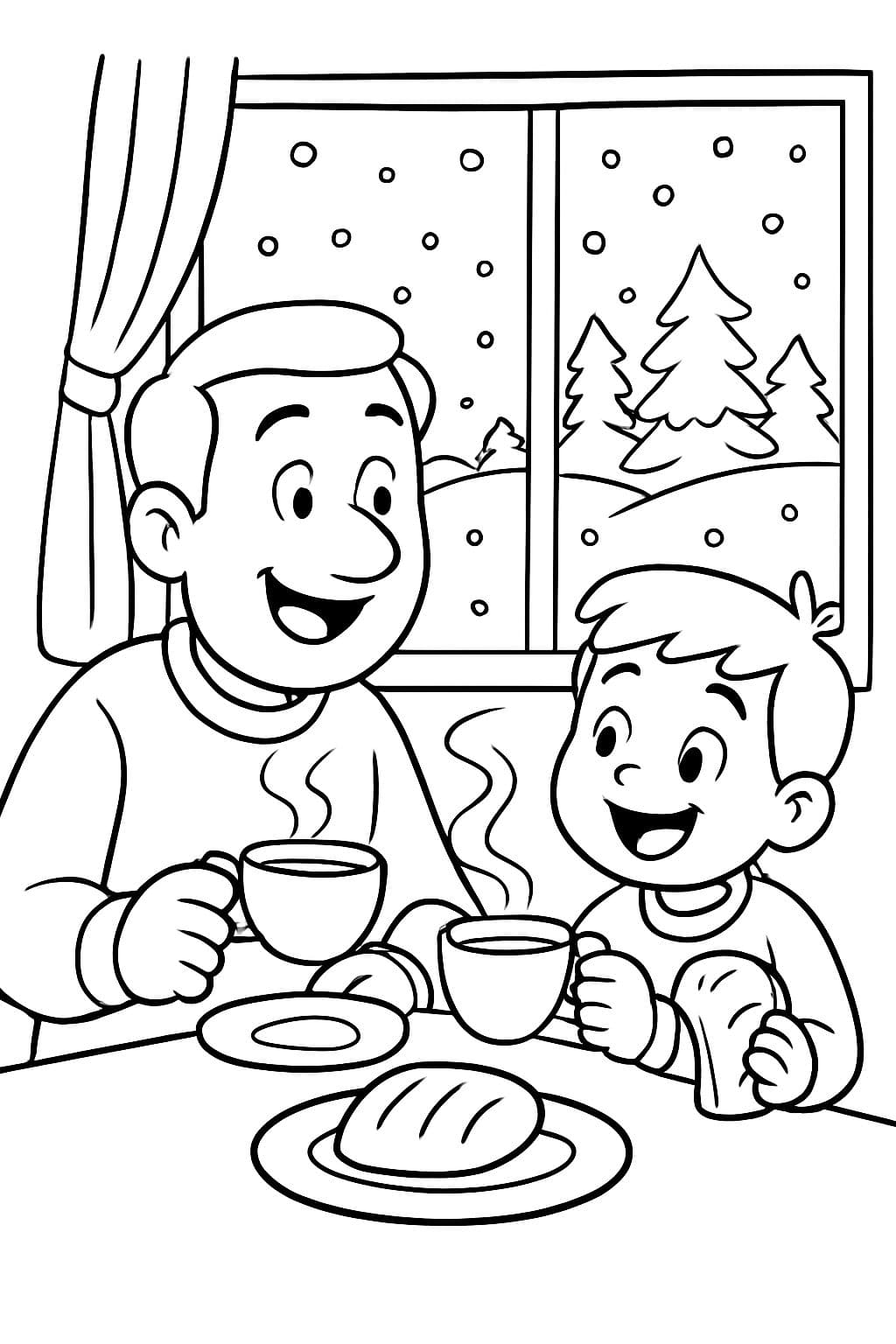 Dad and son drinking tea and eating bread inside the house while there is snow outside.
