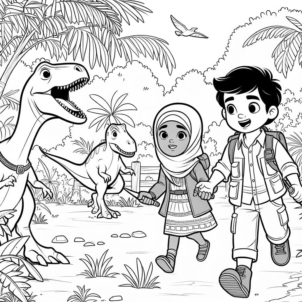 Un niño y una niña en la jungla con dinosaurios