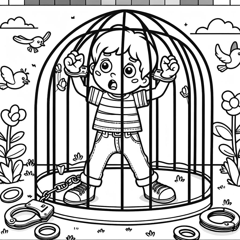 un enfant de maternelle portant des menottes et s'échappant de prison