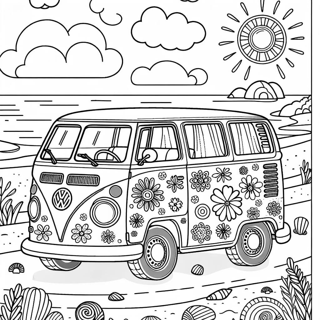 Una furgoneta Volkswagen con flores en la playa.