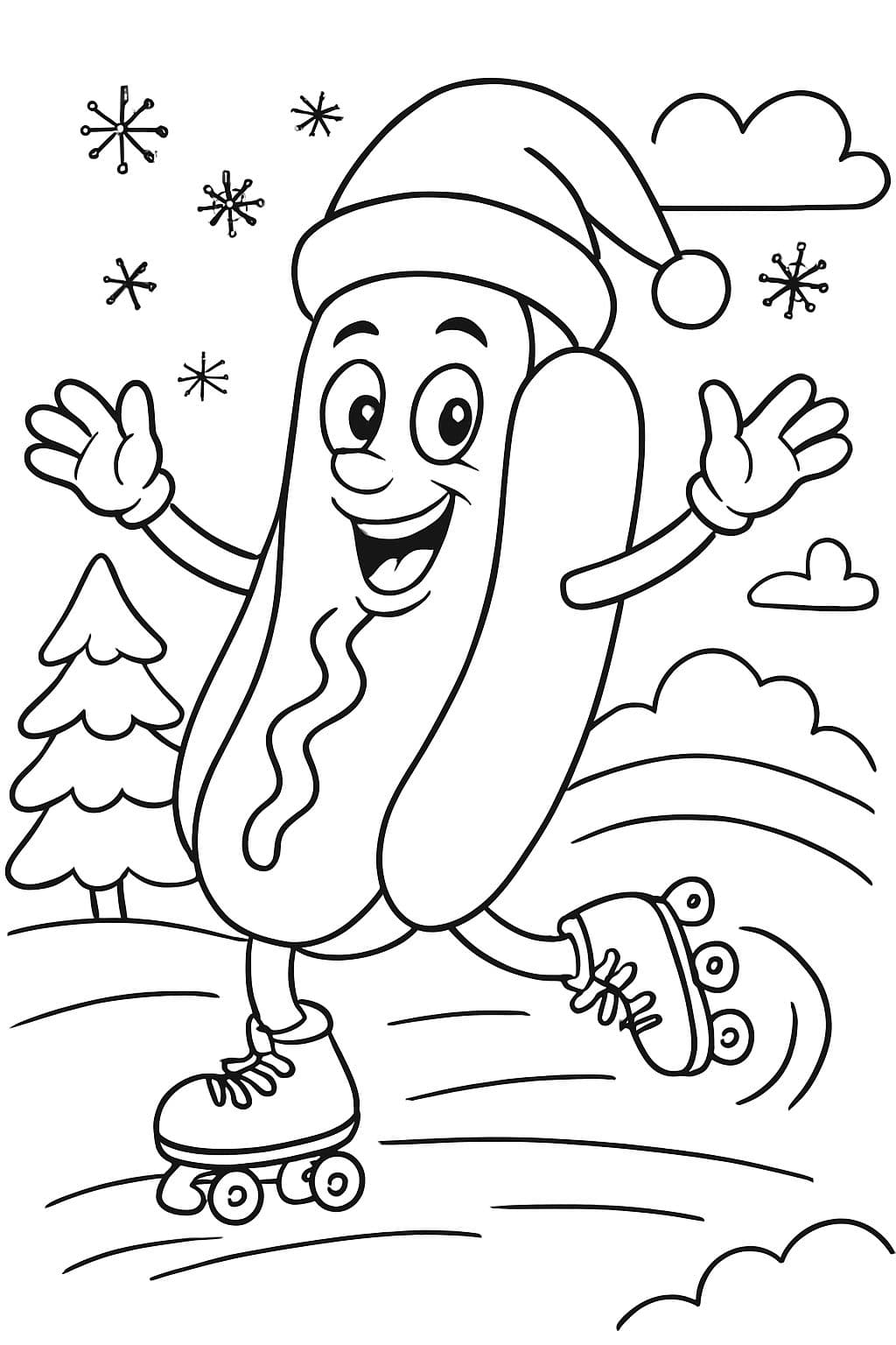 un hot dog de Navidad que patina sobre ruedas