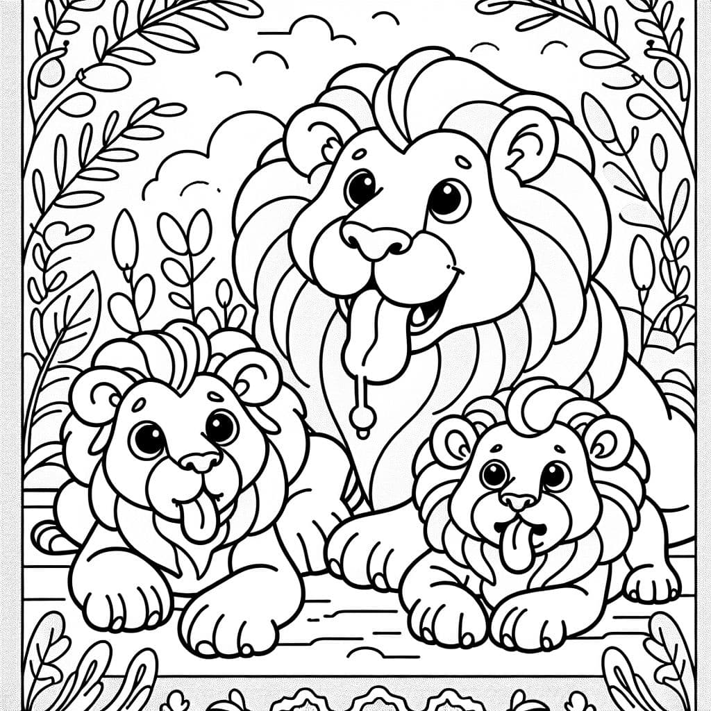 Une famille de lions tirant la langue. Parfait pour que les enfants colorient.