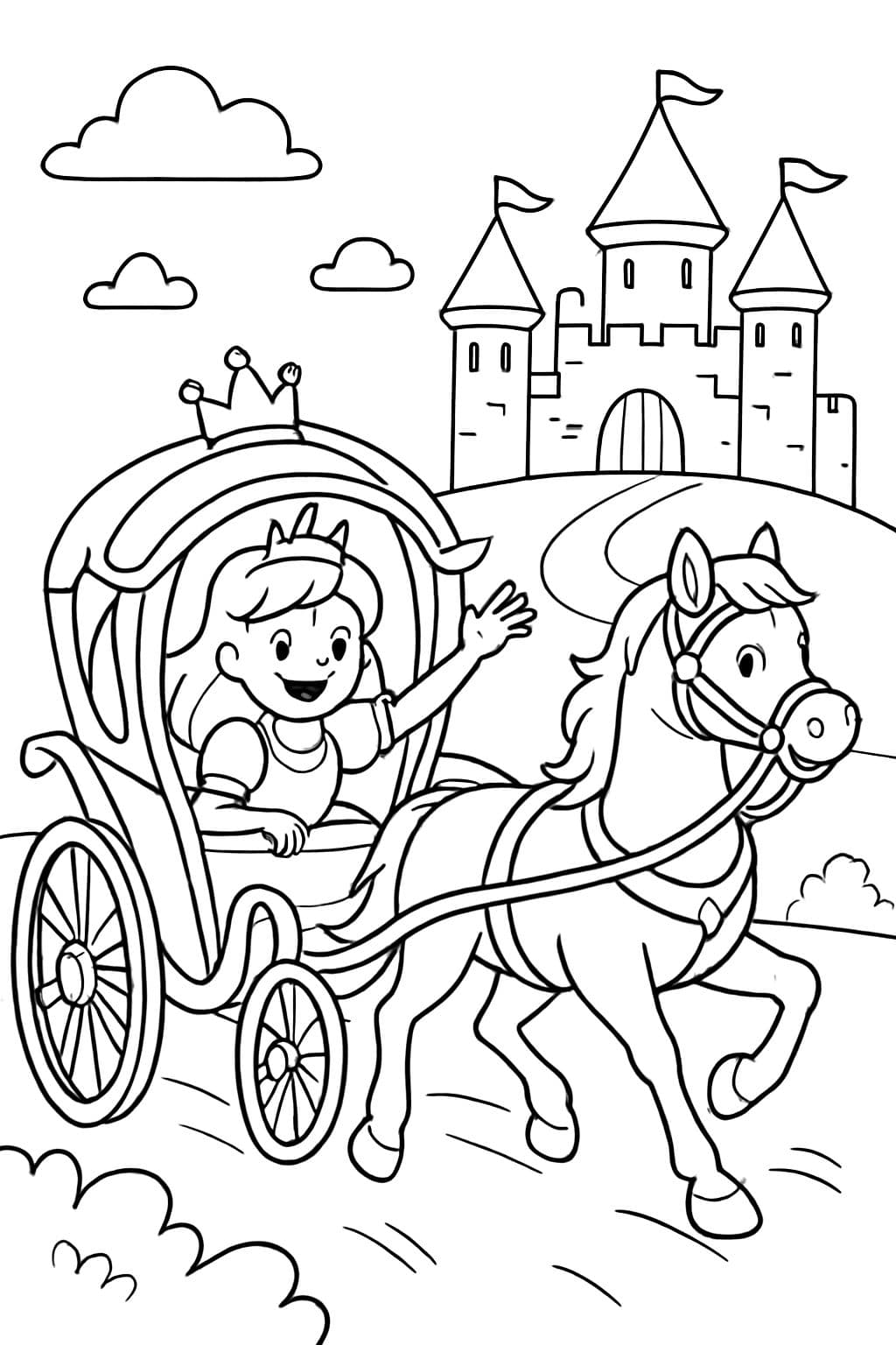 Caballo con una princesa en una carroza y castillo