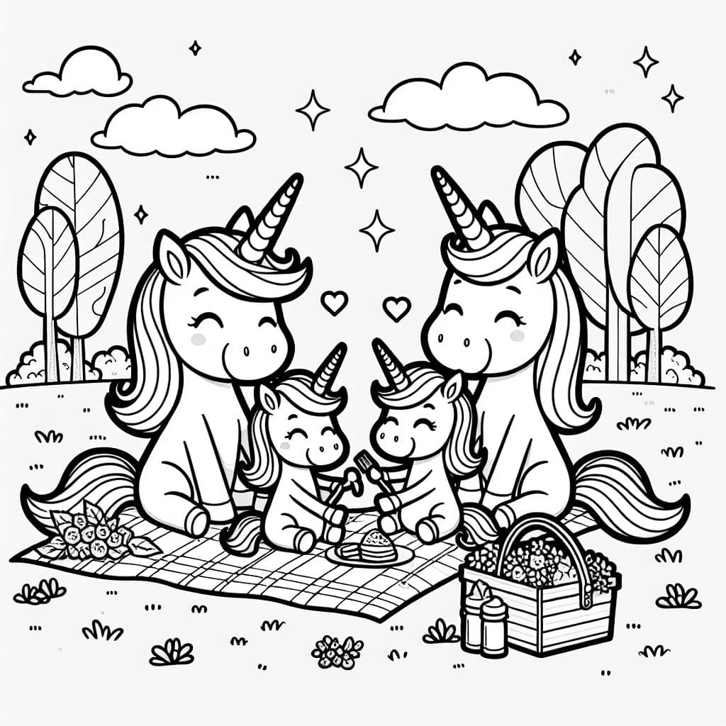 Mama-Einhorn, Papa-Einhorn und zwei Tochter-Einhörner bei einem Picknick