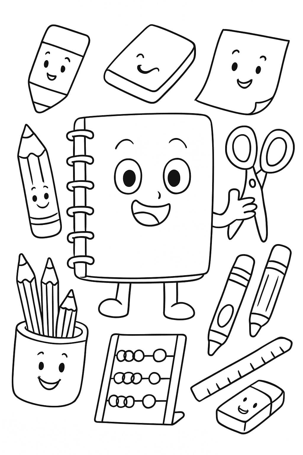 school supplies notebook, pencil, eraser, pack, pencil case, color pencils scissors, paper sheet, ruler, markers, abacus, and a lunch.