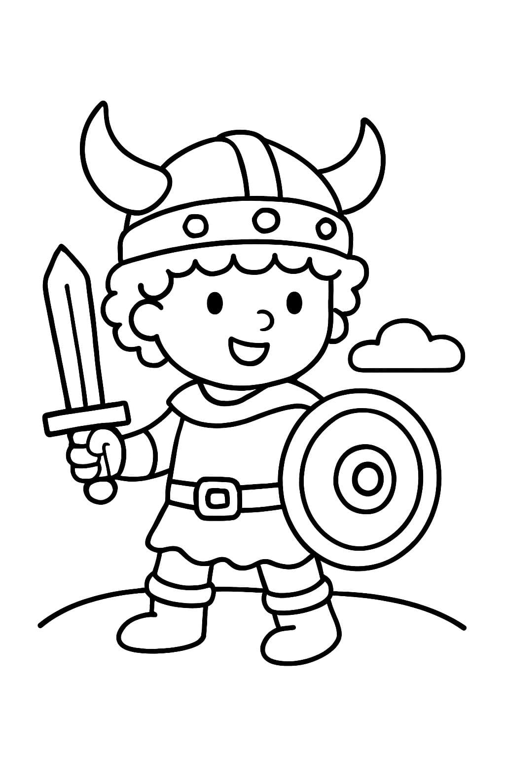 Ein kleiner lockiger Junge, verkleidet als Wikinger.