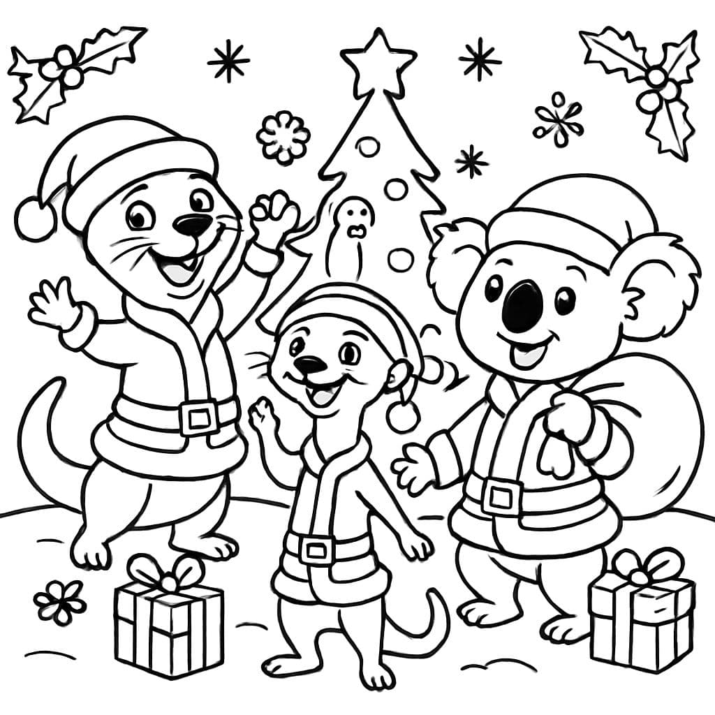 einen Otter, Erdmännchen und Koala als Weihnachtsmänner