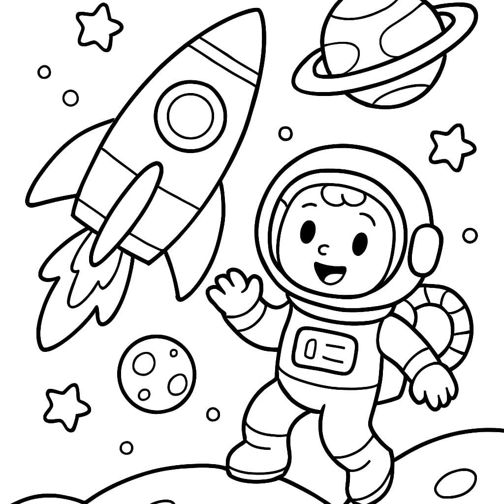 Une scène spatiale avec une fusée, un astronaute, des planètes et des étoiles