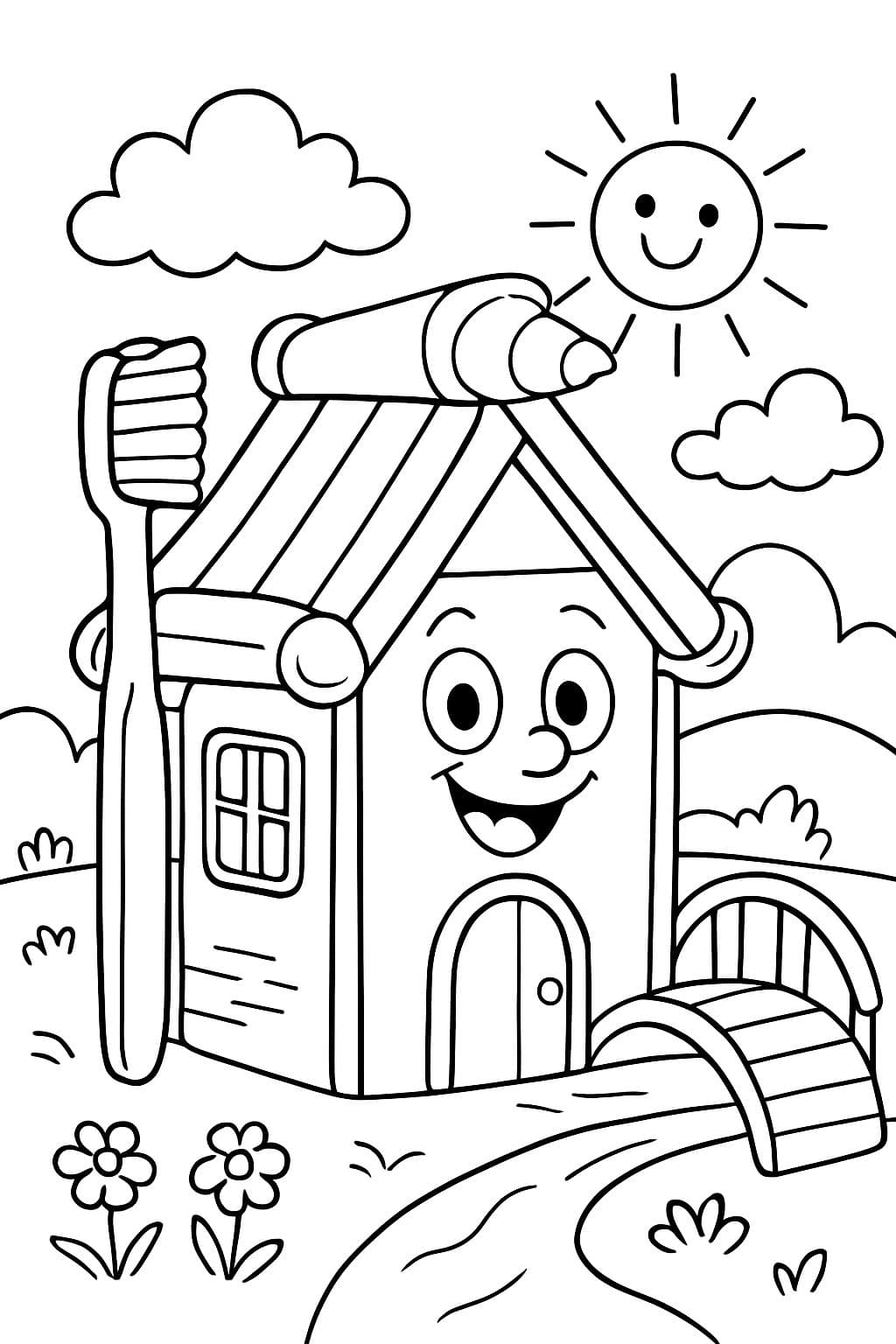 Une maison construite avec des brosses à dents. Le toit est fait de tubes de dentifrice. À côté de la maison se trouve un pont.