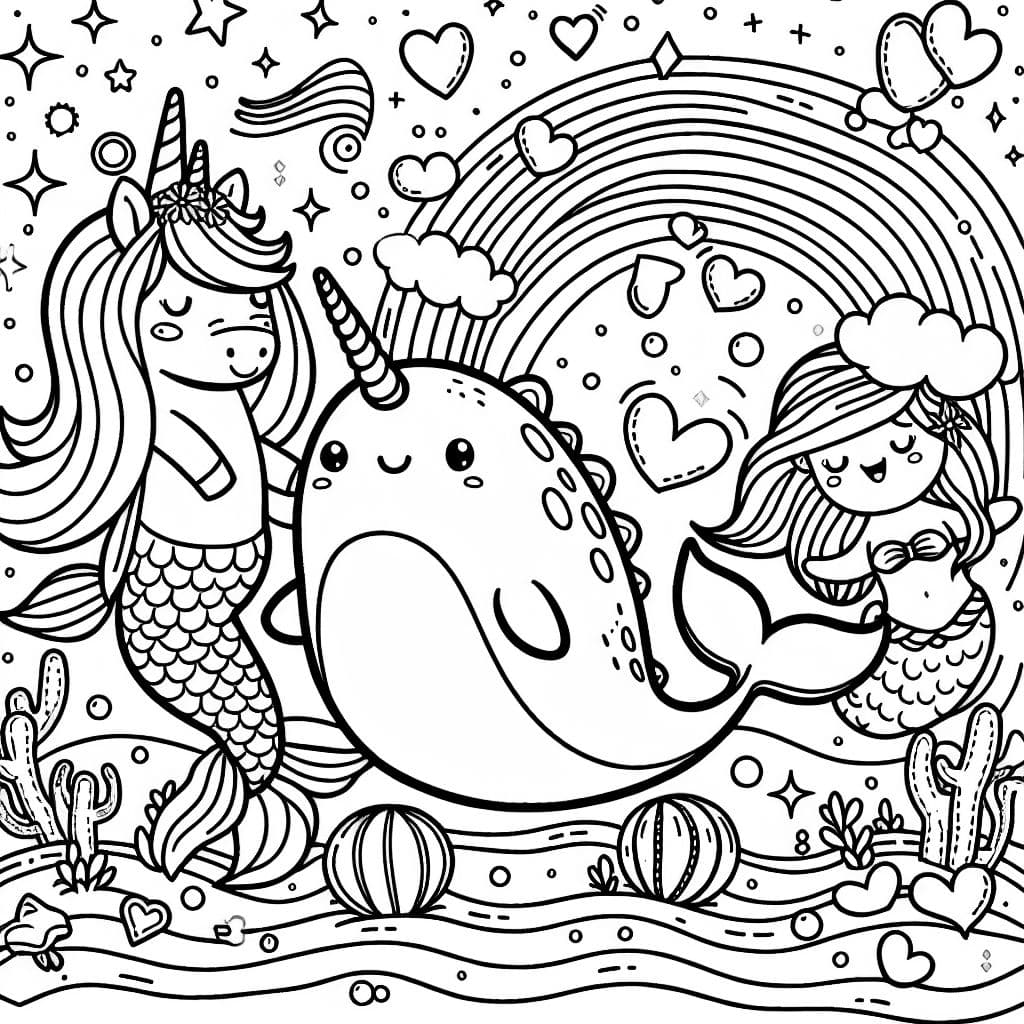 Uma narval, um unicórnio e uma sereia com corações, arco-íris e estrelas