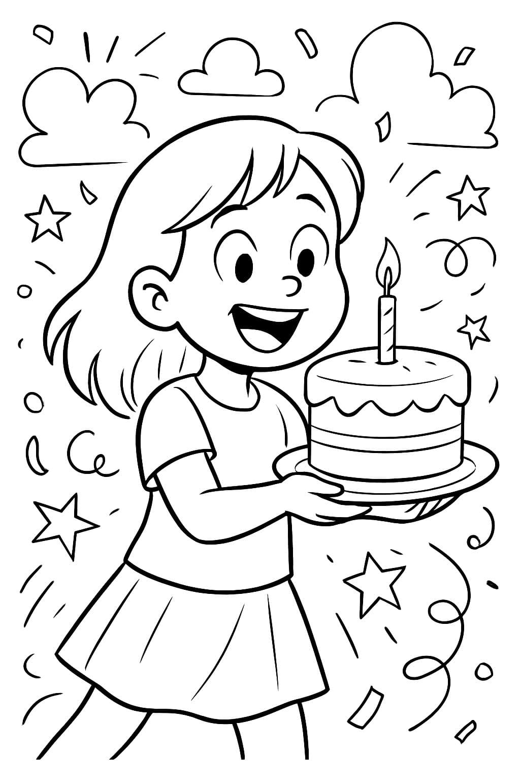 Una niña simple sosteniendo un pastel simple.