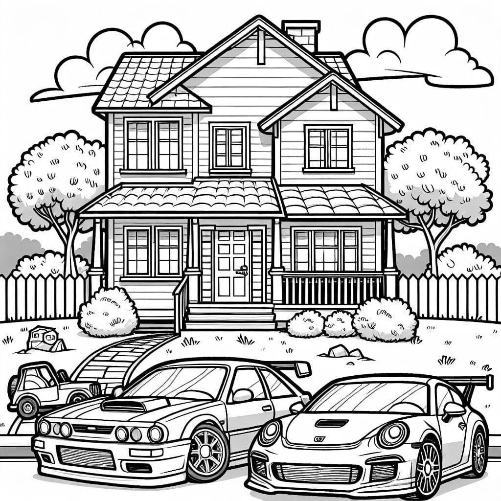 Une maison sur une colline avec trois voitures dans l'allée : une voiture de course, une GTI et un petit SUV. La maison a le drapeau de Chicago.