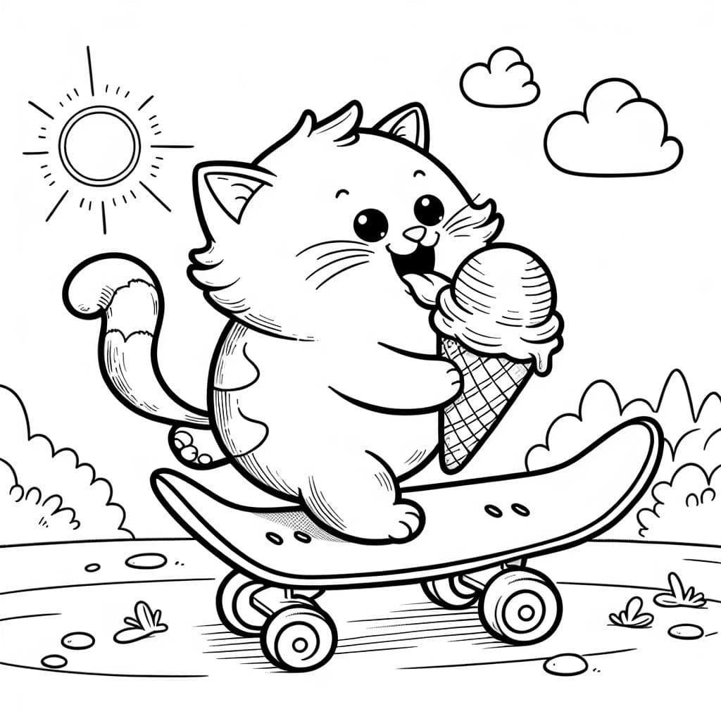 eine Katze auf einem Skateboard, die ein Eis cone isst
