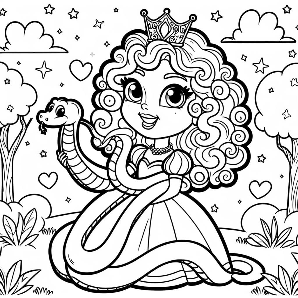 Princesa de cabello rizado sosteniendo una boa constrictor