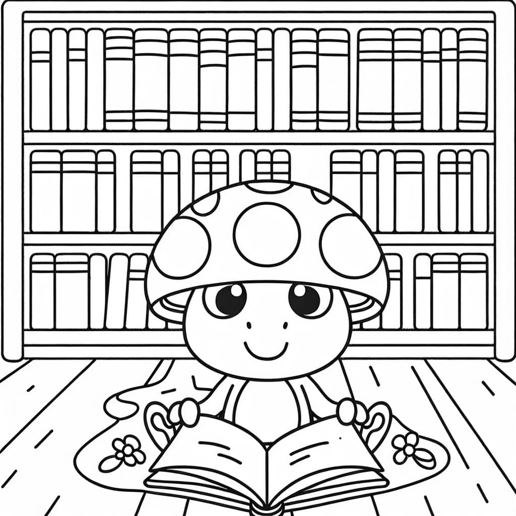 rana con sombrero de champiñón en una biblioteca