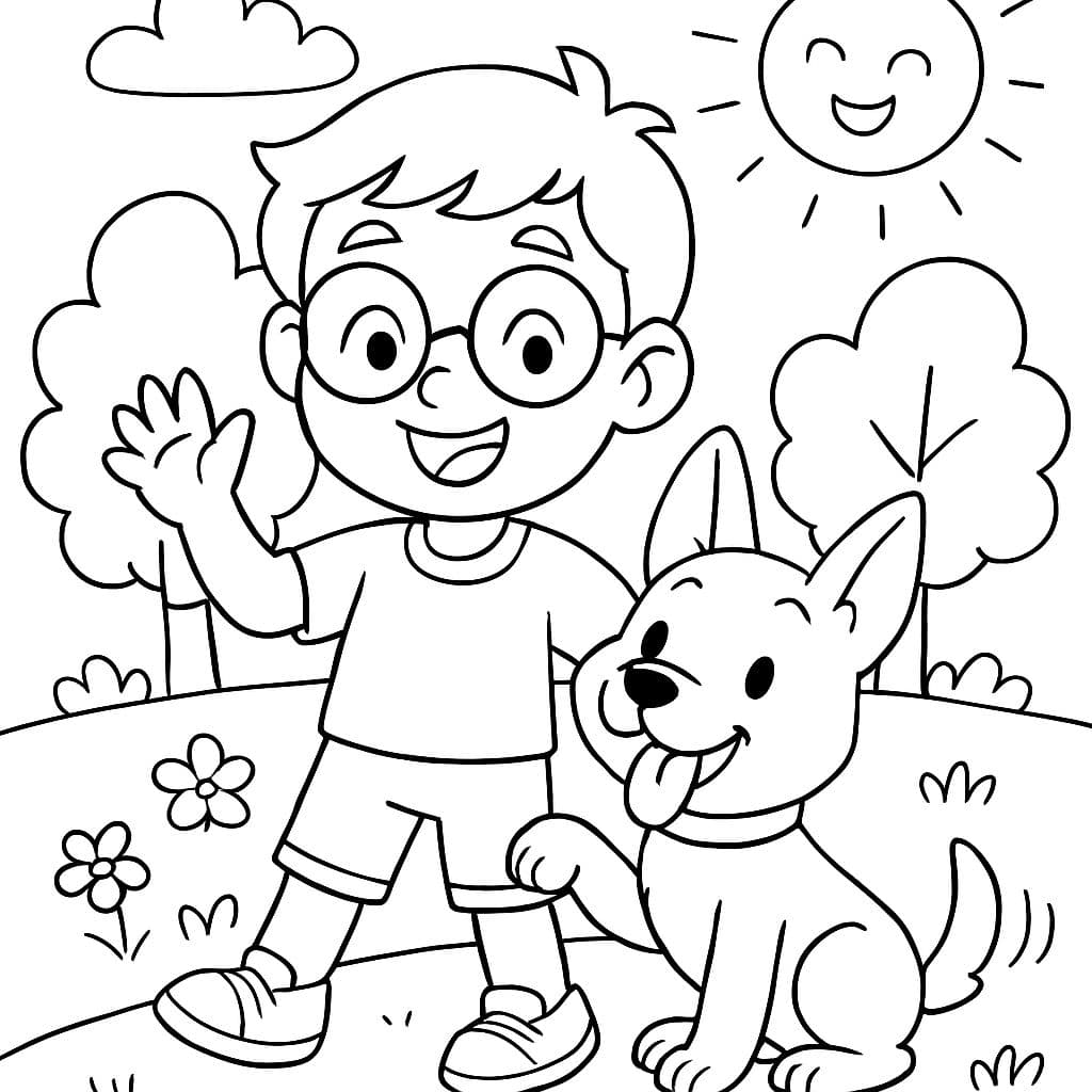 niño con gafas y un perro con orejas puntiagudas