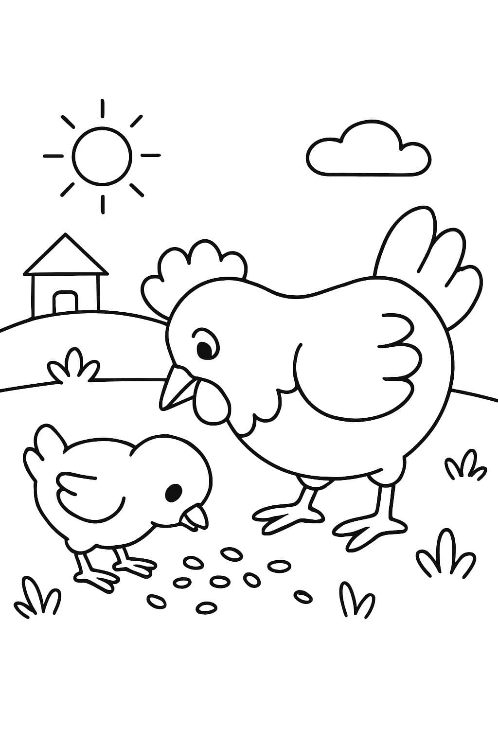 pollito y mamá gallina comiendo semillas juntos