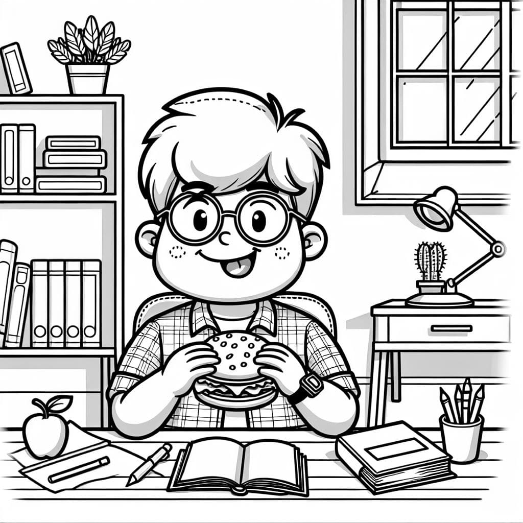 Dicker junget Mann mit Brille sitzt am Schreibtisch und ist burger.