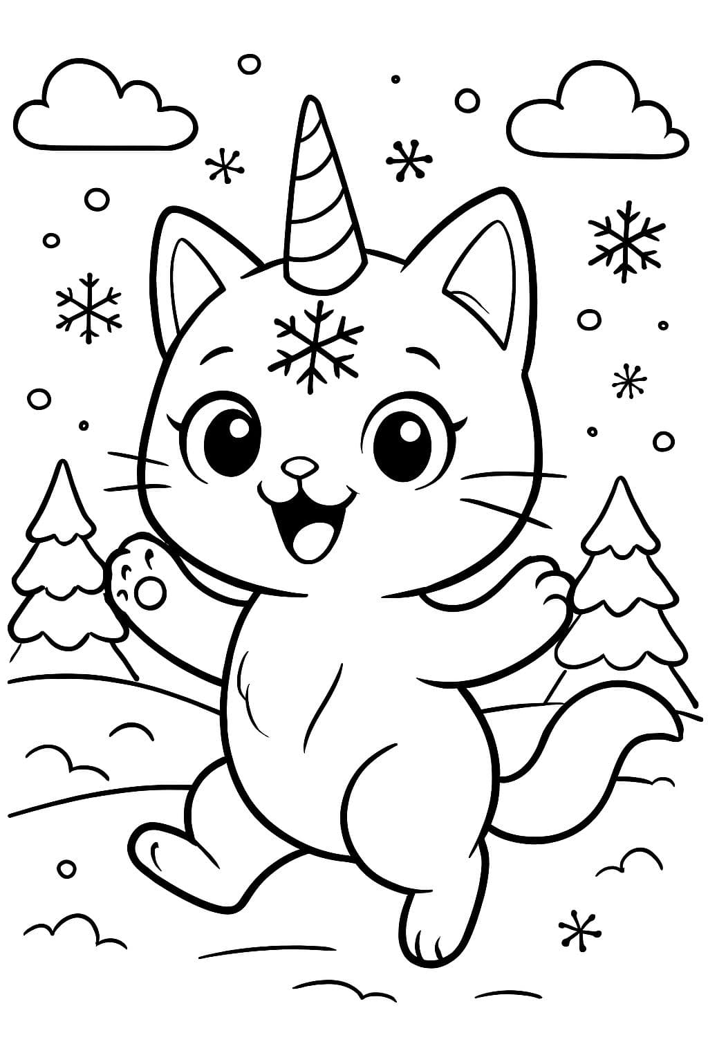 gato unicornio de hielo con copo de nieve en la frente