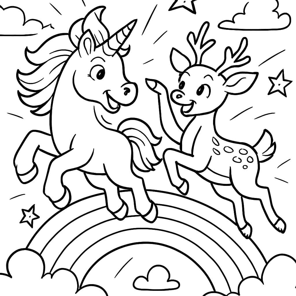 Ein Einhorn und ein Reh spielen auf einem Regenbogen