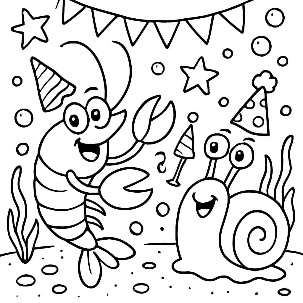 ein Urzeitkrebs der mit einer Schnecke eine Party feiert