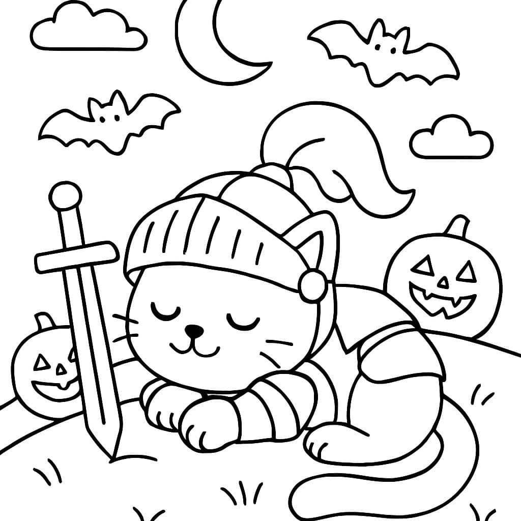 Gato de Halloween durmiendo disfrazado de caballero