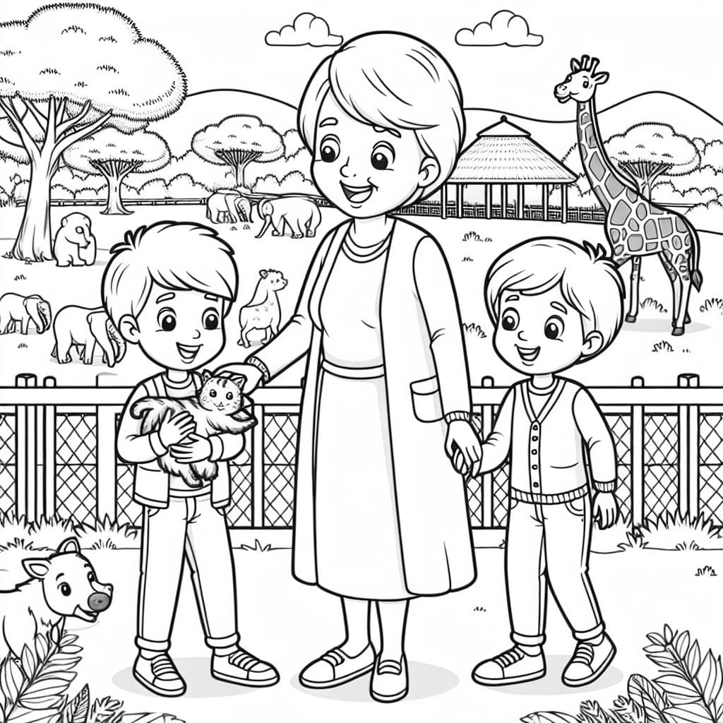 Grandma short hair and little boy and preteen girl at the zoo