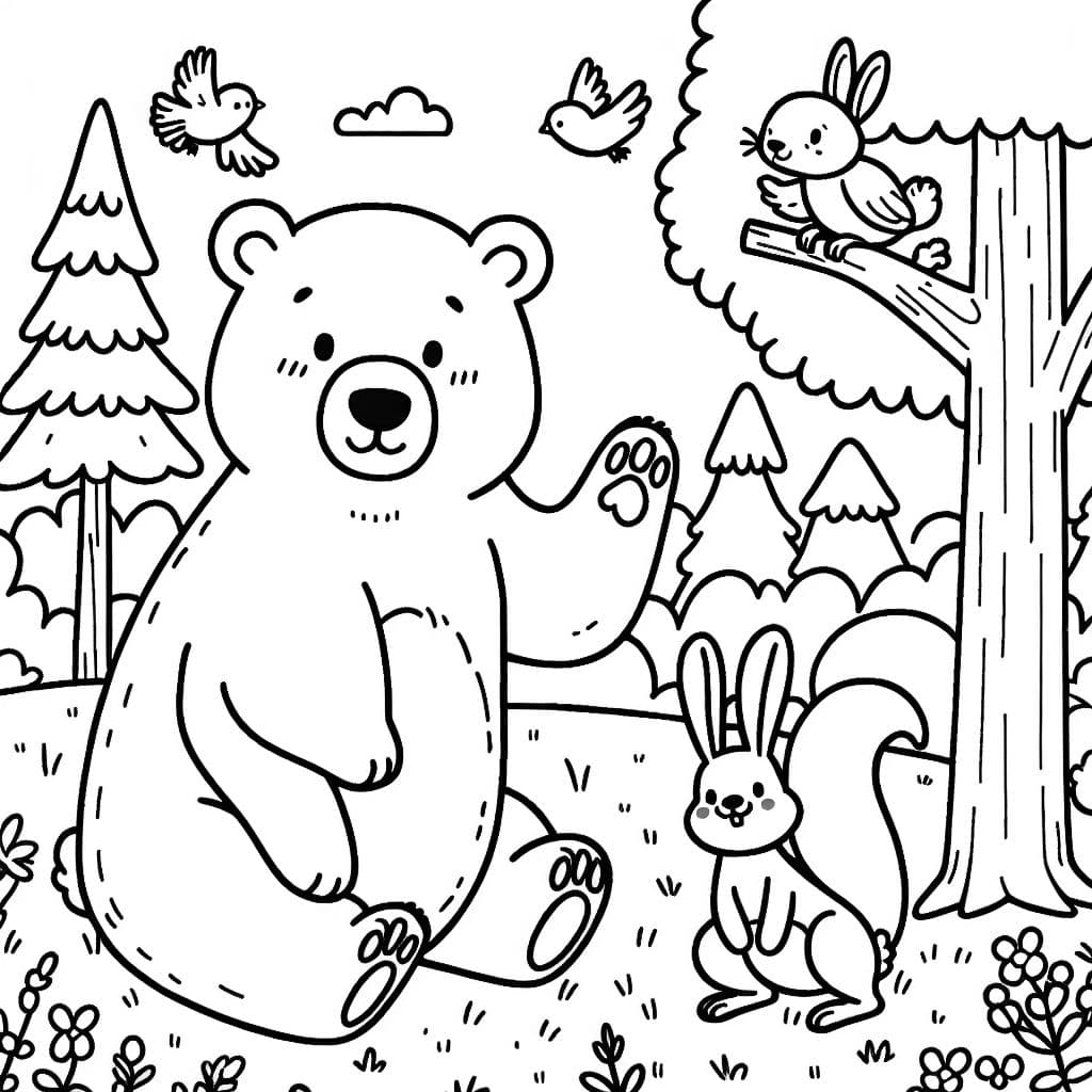 Un oso, una liebre y una ardilla están sentados en un bosque. El oso saluda amigablemente mientras la liebre salta alegremente en un prado. Los pájaros vuelan por encima, y al fondo se ven árboles y un pequeño arroyo.