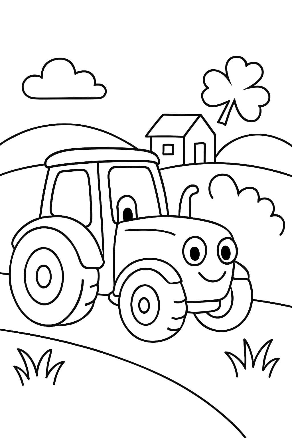 Pequeno trator dirigindo por terras agrícolas irlandesas, design simples, página de colorir fácil para pré-escolar