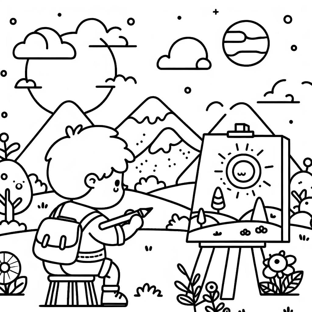 Un enfant artiste peignant le paysage dans lequel il se trouve.