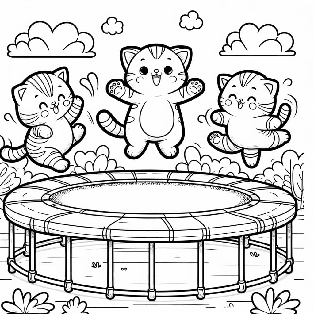 Ein Trampolin mit 3 Kätzchen - 2 gestreifte und 1 einfarbig.