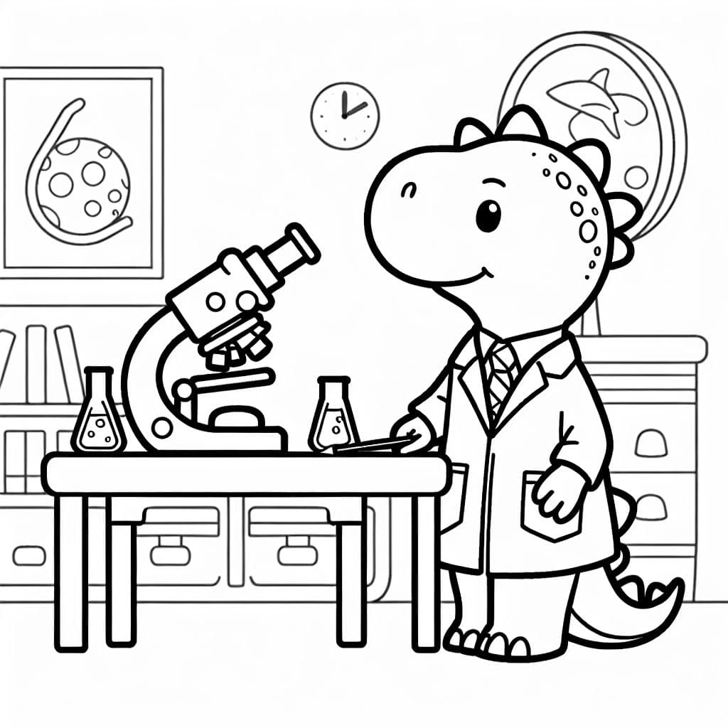 a Dinosaur in a Lab Coat working with a Microscope