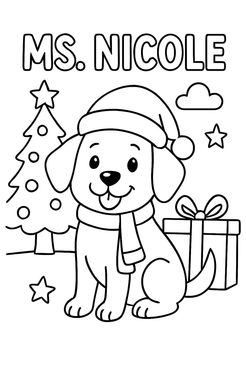 Perro de Navidad que dice "Ms. Nicole" en la parte superior. Sin fondo.