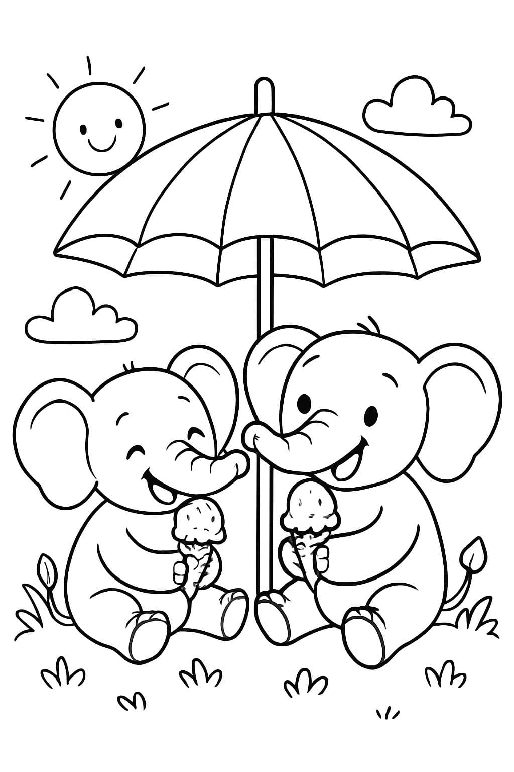 Dos pequeños elefantes disfrutando de un helado de fresa bajo una sombrilla