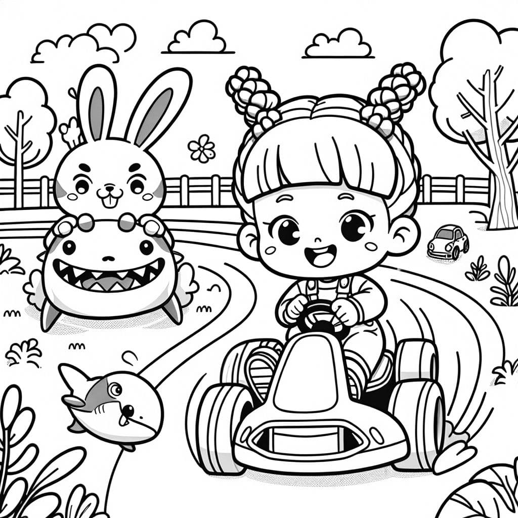 Una niña china de 3 años con trenzas cortas en una carrera de go-kart contra un conejo y un tiburón martillo.