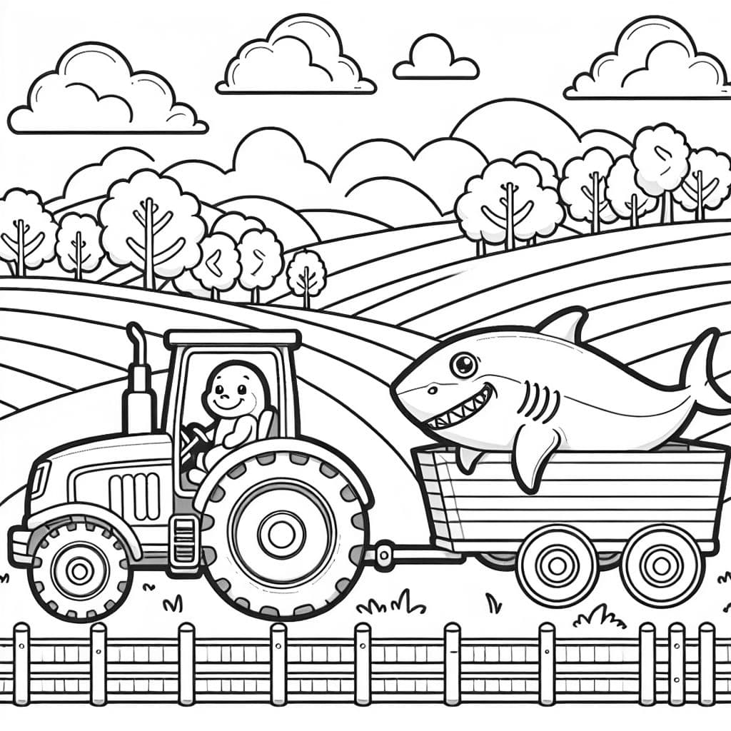 Un tractor con un remolque y un tiburón en el remolque.