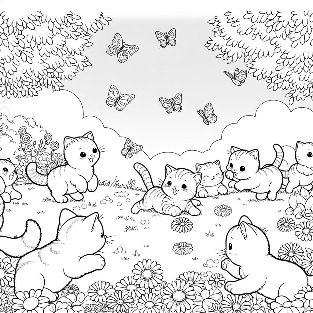 Mariposas, flores y gatitos jugando en un campo.