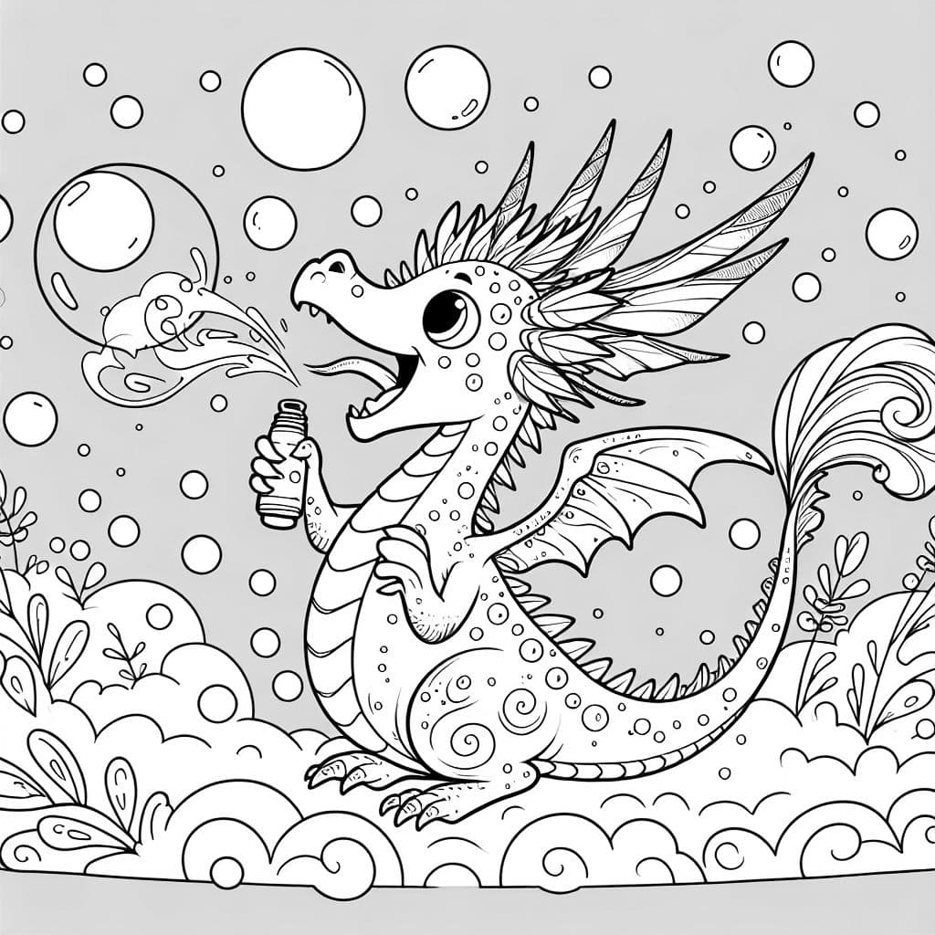 A dragon with feather wings and breathes bubbles