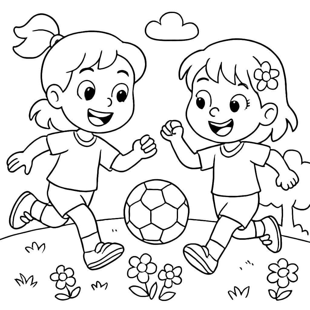 Dos niñas pequeñas jugando fútbol con flores.
