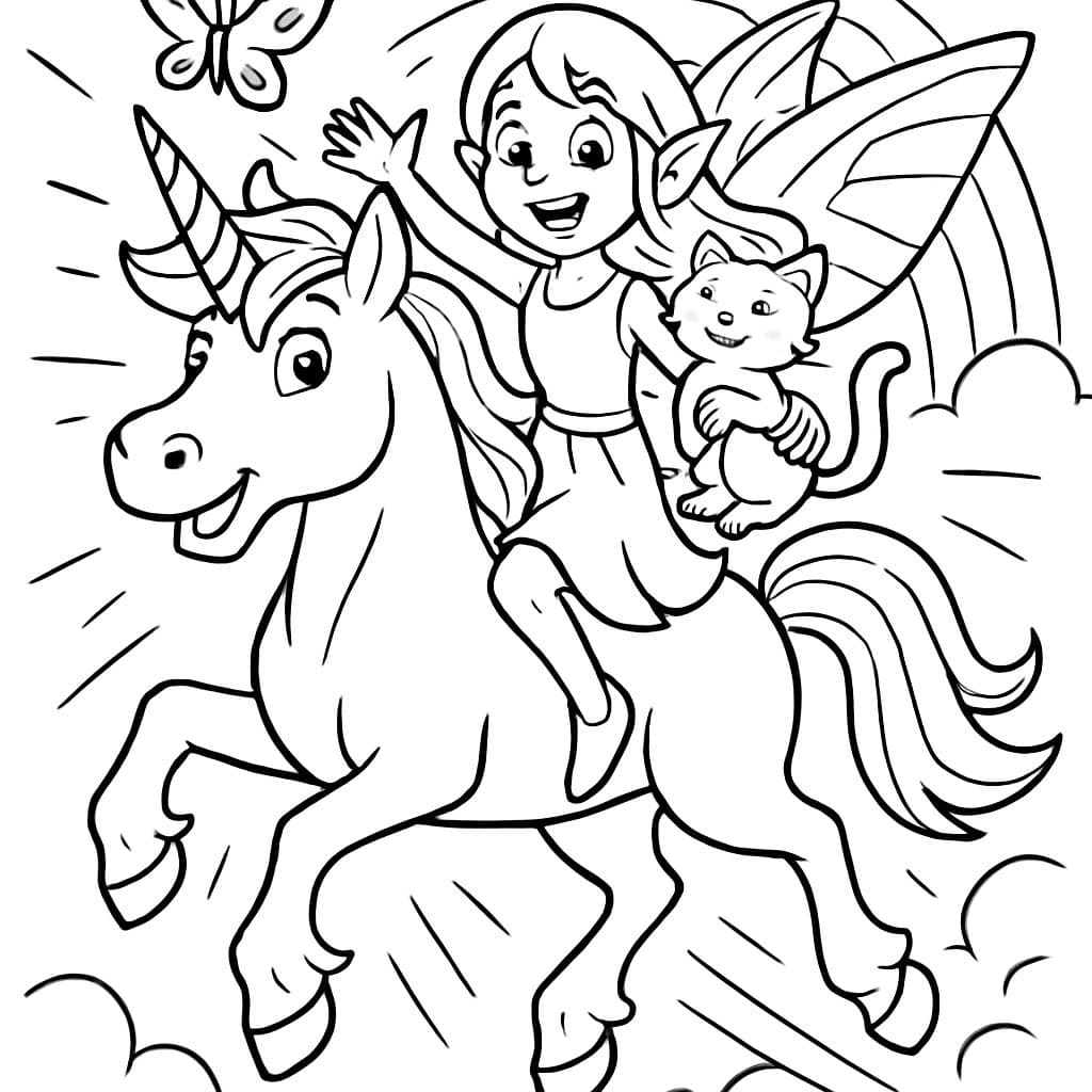Unicornio con hada, gato en la mano, mariposa y arcoíris