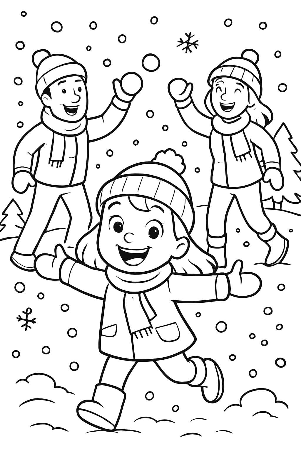 niña jugando en la nieve que cae con sus padres lanzando bolas de nieve