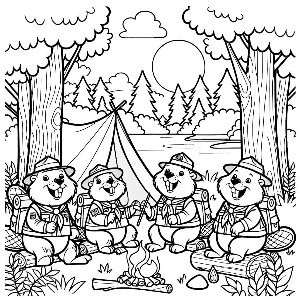 beavers dressed as scouts camping in a forest