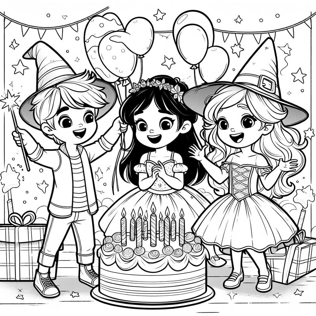 drei magische geschwister, ein junge und zwei mädchen, feiern geburtstag mit einer hexe