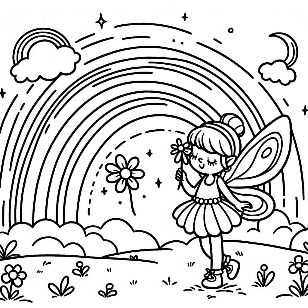 Une image d'un arc-en-ciel coloré avec une fée magique, invitant les enfants à être créatifs et à colorier la scène de manière vibrante.