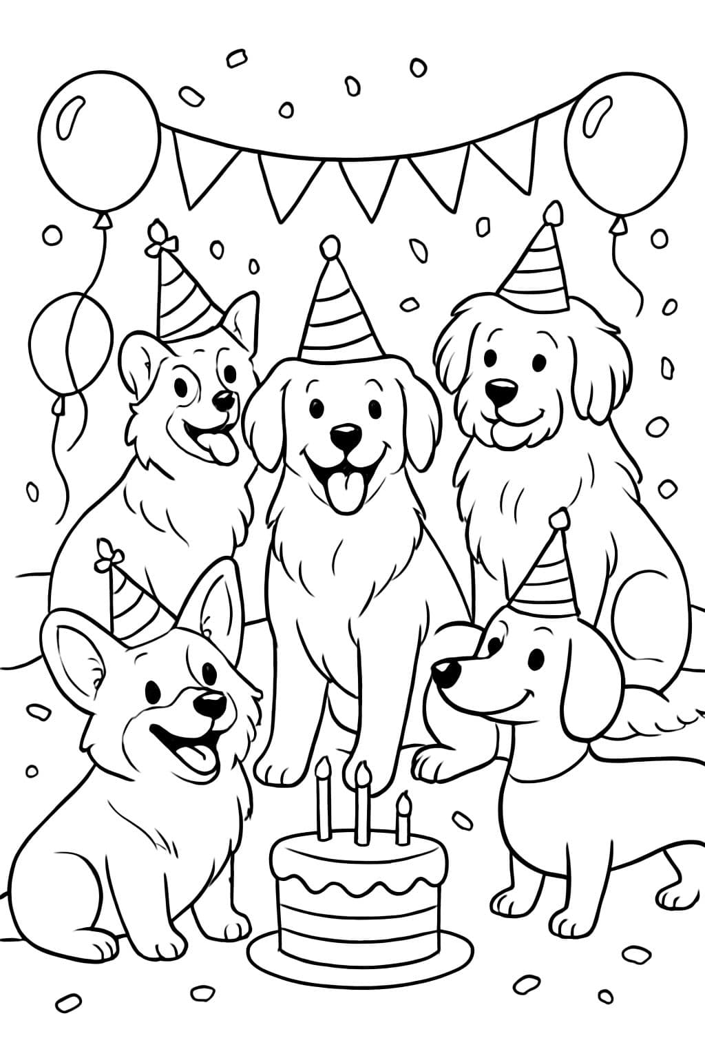 Erstellen Sie eine Malvorlage mit Hunden auf einer Geburtstagsparty: einem Corgi, einem Border Collie, einem Golden Retriever, einem Dackel und einem Schäferhund, die alle Partyhüte tragen.