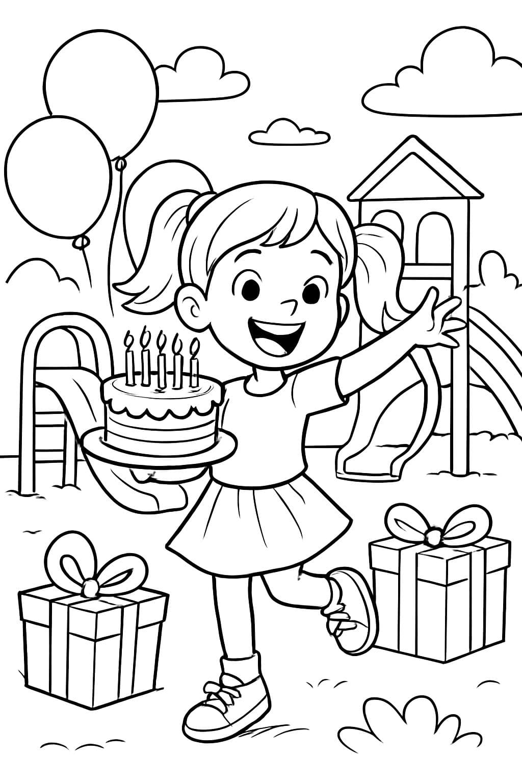 Page à colorier qui dit joyeux 7ème anniversaire. Petite fille sur le terrain de jeu avec un gâteau, des ballons et des cadeaux.