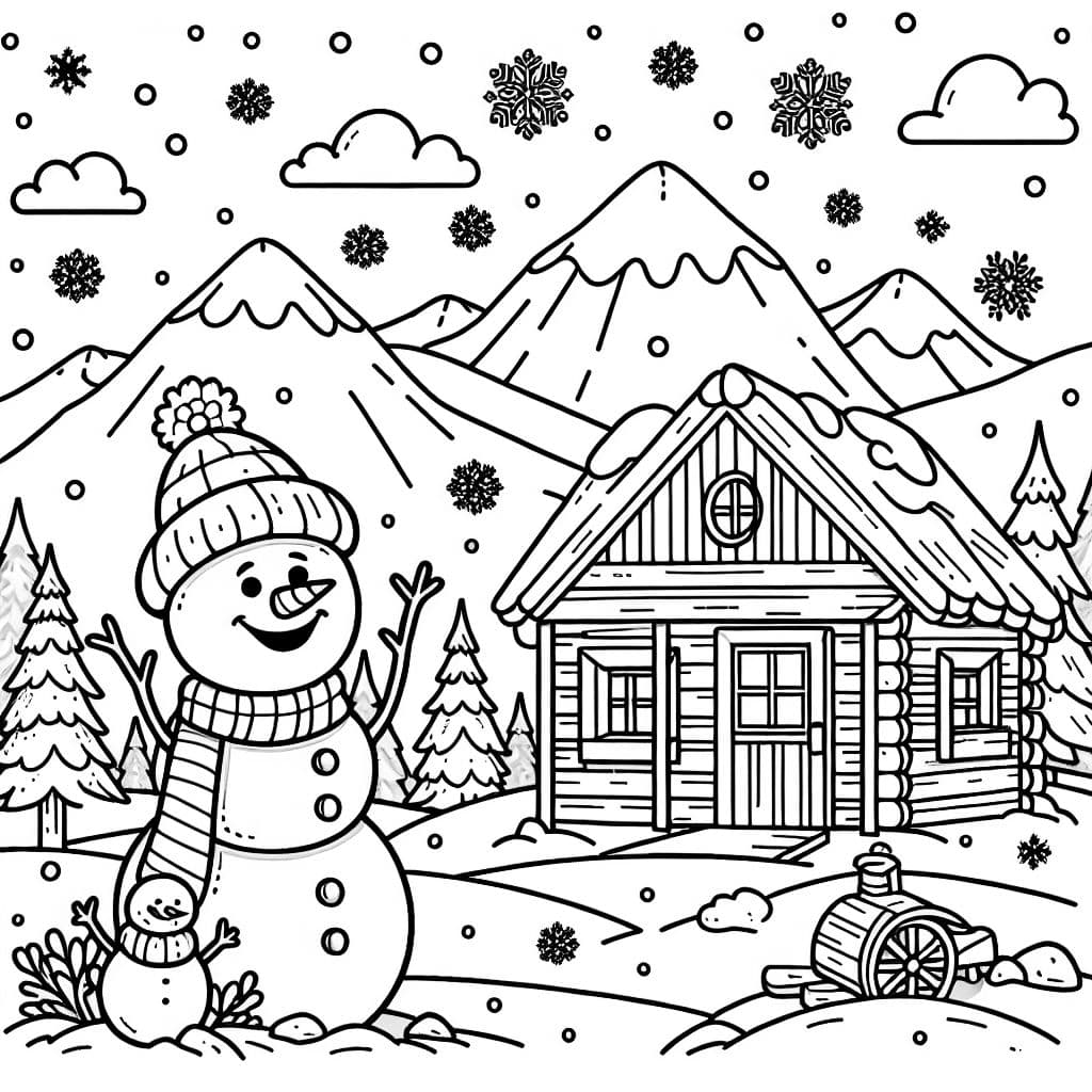 a snowman with snowflakes falling, with a cabin and mountains in the background