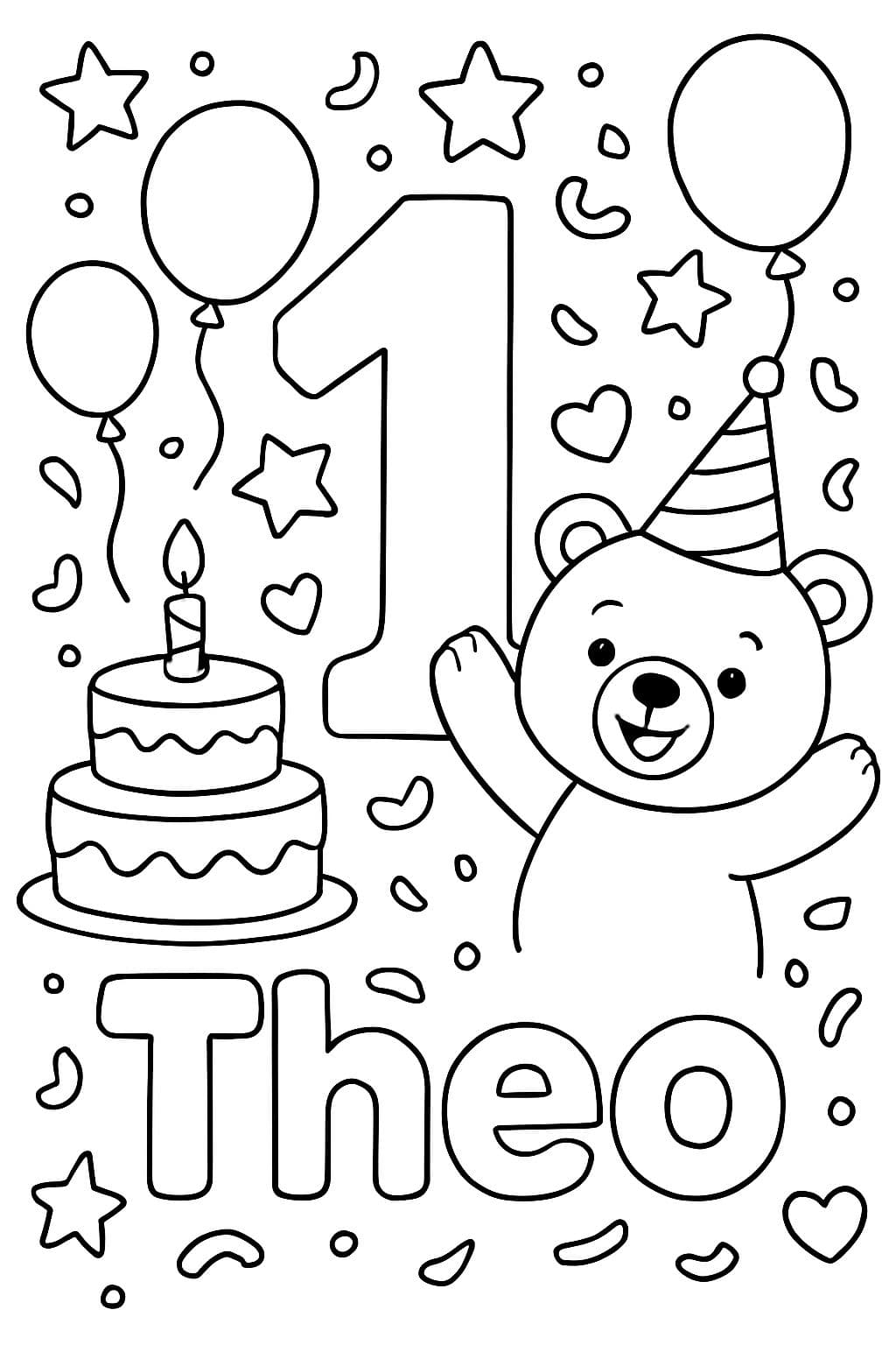 Desenho para colorir de aniversário simples para uma criança pequena. No centro, há um enorme número "1". Há bolo, balões, estrelas, corações, confetes e um urso. Um texto grande e fácil de colorir diz "Theo". Arte de linha de alta qualidade, contornos pretos grossos, fundo completamente branco, sem gradientes ou sombras.