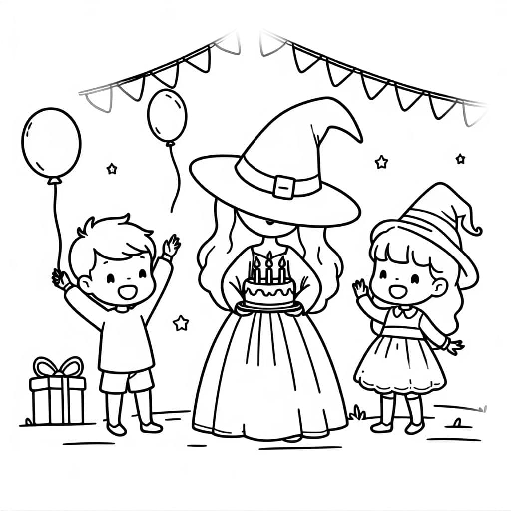 eine hexe feiert geburtstag mit einem mädchen und einem jungen