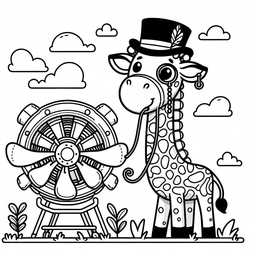 Clever giraffe with zylinder and monocle in front of an aircraft engine